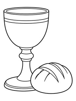 A christian easter coloring page showing a goblet chalice next to a small loaf of bread.