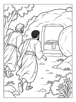 Two disciples arrive at the tomb on this christian easter coloring page.