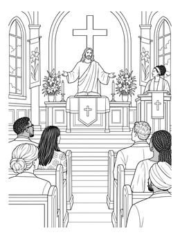 A christian easter coloring page showing a church sanctuary with congregation and Jesus behind the altar.