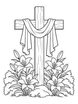 A draped wooden cross among blooming flowers in this christian easter coloring page.