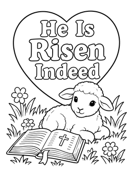 A sweet lamb and Bible feature in this christian easter coloring page with the words He Is Risen Indeed.