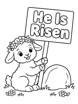 Free printable Easter Lamb With He Is Risen Sign coloring page