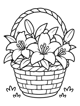 A christian easter coloring page showing a woven basket full of blooming lilies.
