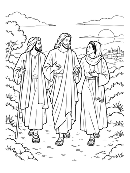 A christian easter coloring page showing the risen Jesus walking with two disciples toward Emmaus.