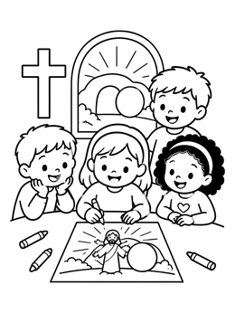 A sweet christian easter coloring page with happy kids coloring a picture of Jesus.