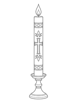 A tall burning paschal candle in a holder on this christian easter coloring page.