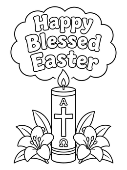 A lighted paschal candle surrounded by lilies in this christian easter coloring page.