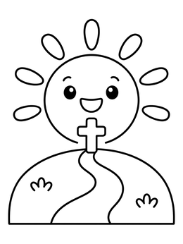 Free printable Smiling Sun And Easter Hill Cross coloring page
