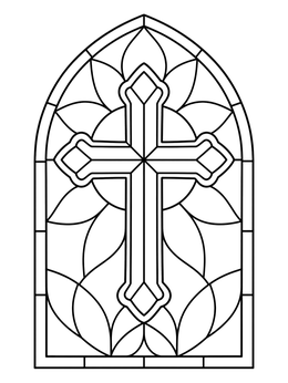 An ornate christian easter coloring page depicting a stained glass cross inside an arched window frame.