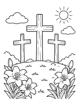 Free printable Three Crosses And Easter Lilies coloring page