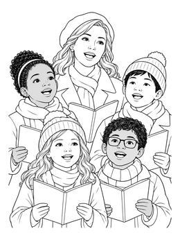 A group of diverse children and a teacher sing on this christian winter coloring page.