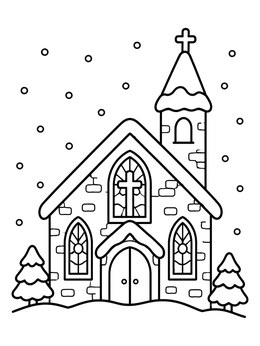 Free printable Cozy Winter Church In Snow coloring page