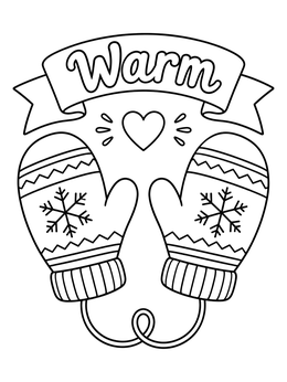 A sweet christian winter coloring page showing patterned mittens, a heart, and a Warm banner.