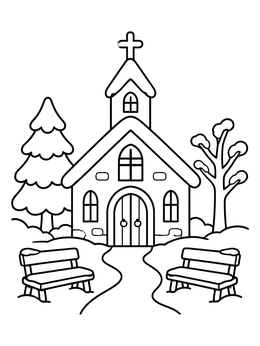 Free printable Snowy Village Church In Winter coloring page