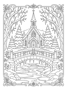 A serene stone bridge leads toward a chapel on this christian winter coloring page.