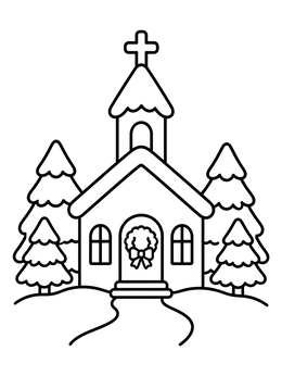 Free printable Winter Church With Christmas Wreath coloring page