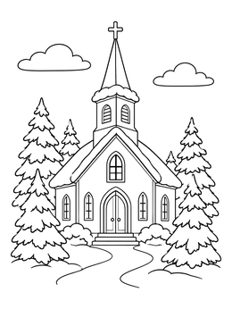 A peaceful church surrounded by pines on this christian winter coloring page.