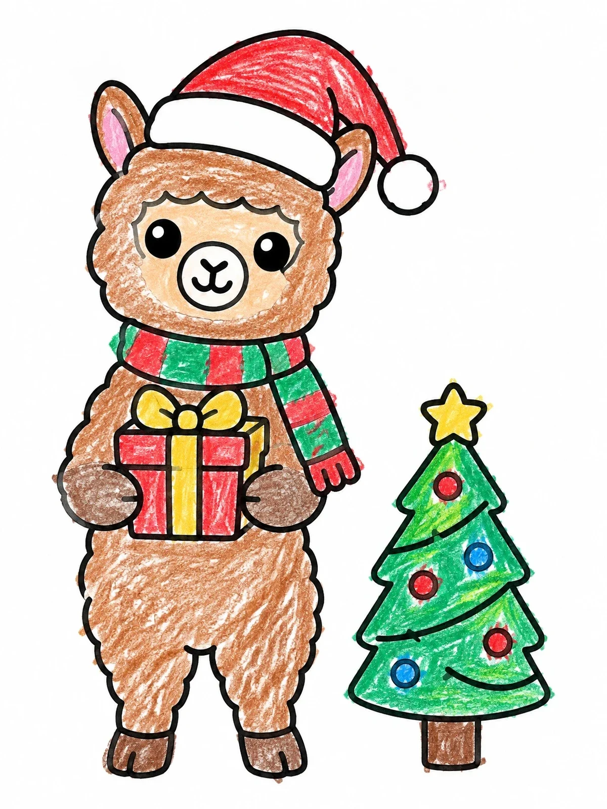 Colored example of the Christmas Alpaca With Gift And Tree coloring page