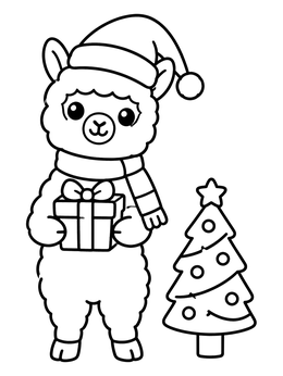 A cute alpaca coloring page featuring a holiday hat, a gift box, and a decorated tree.