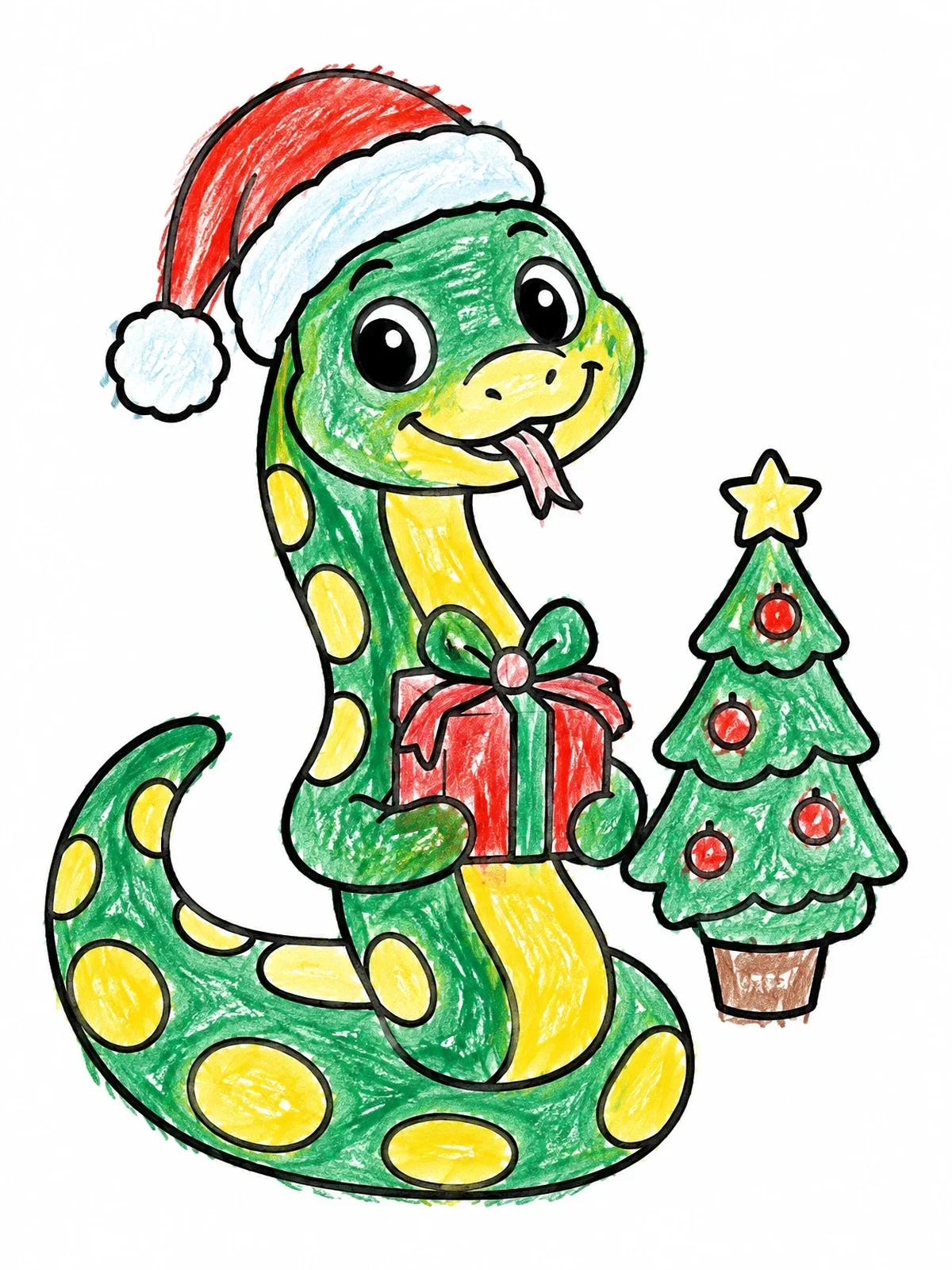 Colored example of the Christmas Anaconda With Gift coloring page
