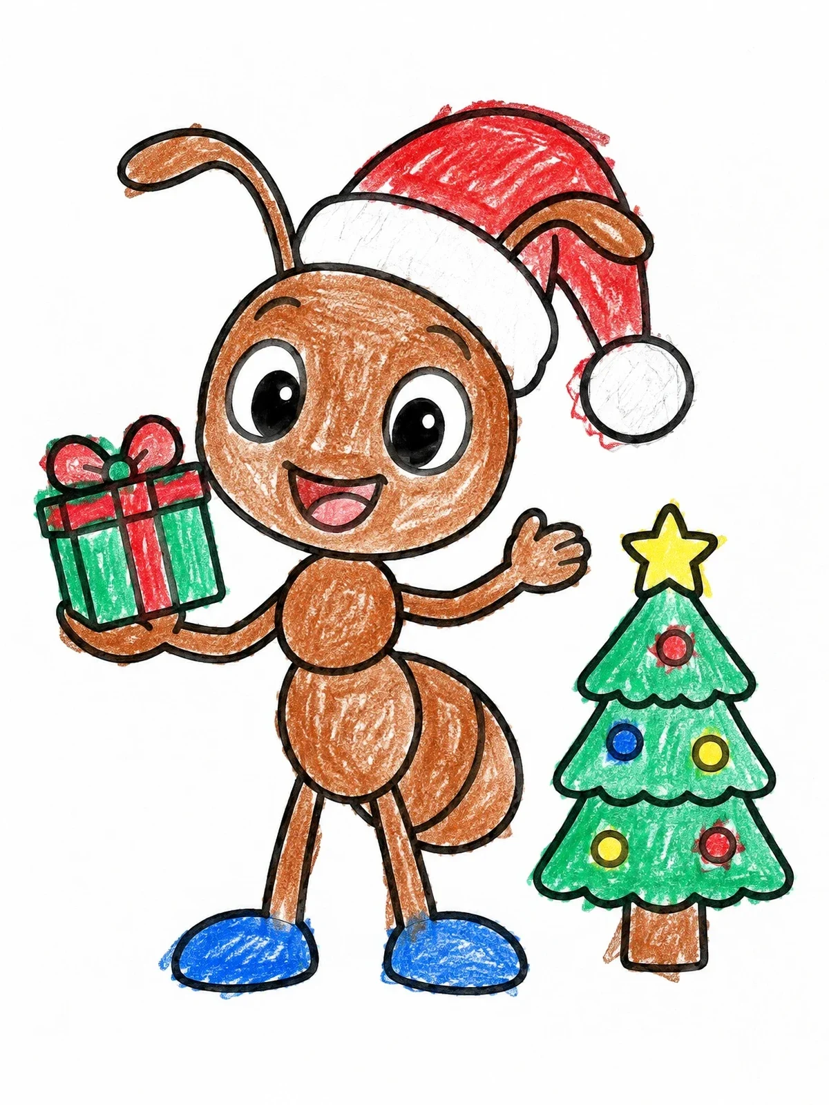 Colored example of the Cheerful Christmas Ant With Tree coloring page