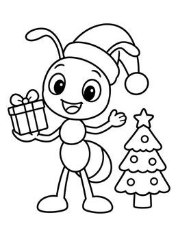 A cheerful ant coloring page featuring a Santa hat, a gift box, and a Christmas tree.