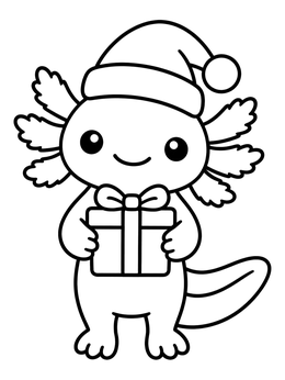 A cheerful holiday axolotl coloring page featuring a Santa hat and gift box.