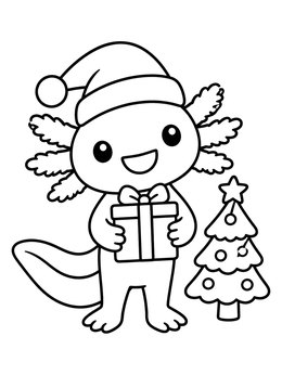 Festive axolotl coloring page showing a cute creature in a Santa hat holding a gift next to a small tree.