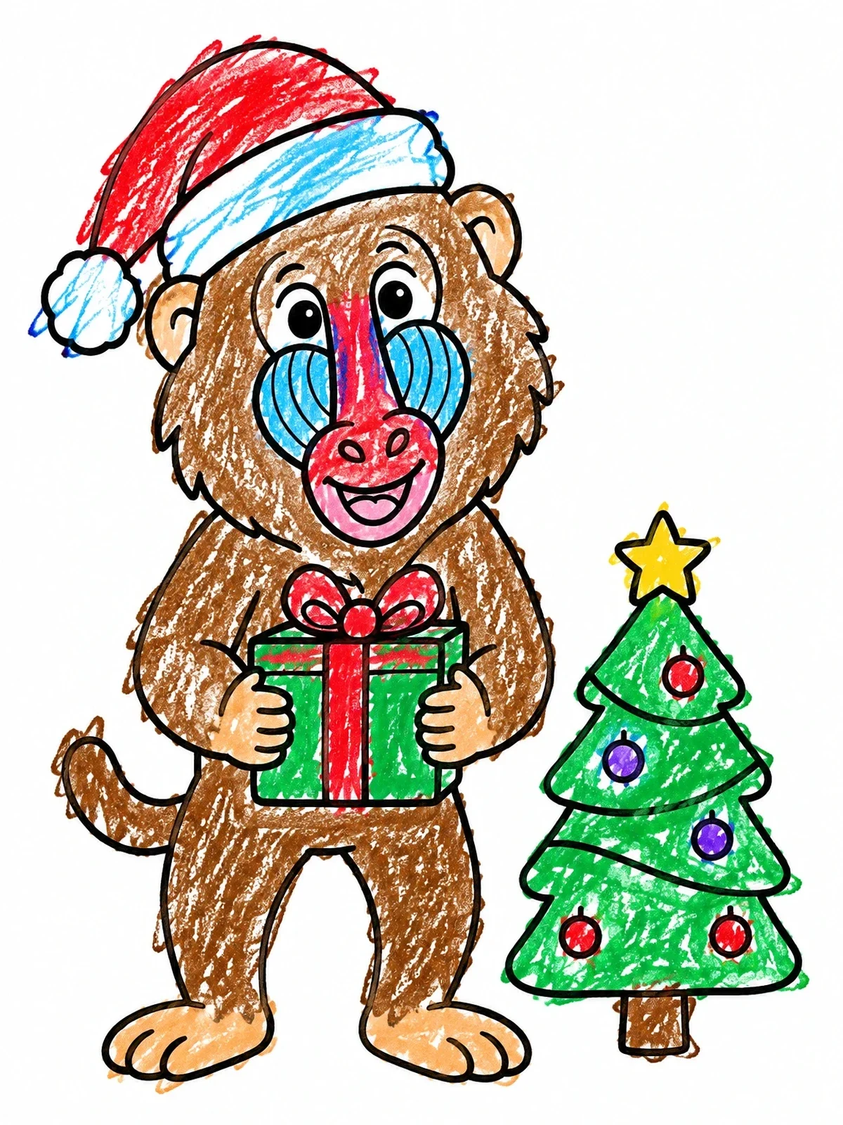Colored example of the Baboon Celebrating Christmas With Present coloring page