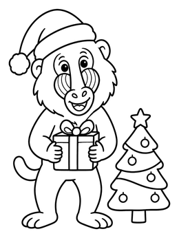 A cheerful baboon coloring page showing the monkey with a Santa hat and Christmas tree.