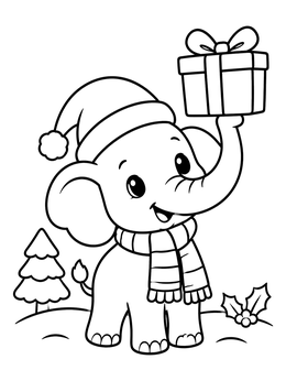 Free printable Cute Christmas Elephant With Gift coloring page