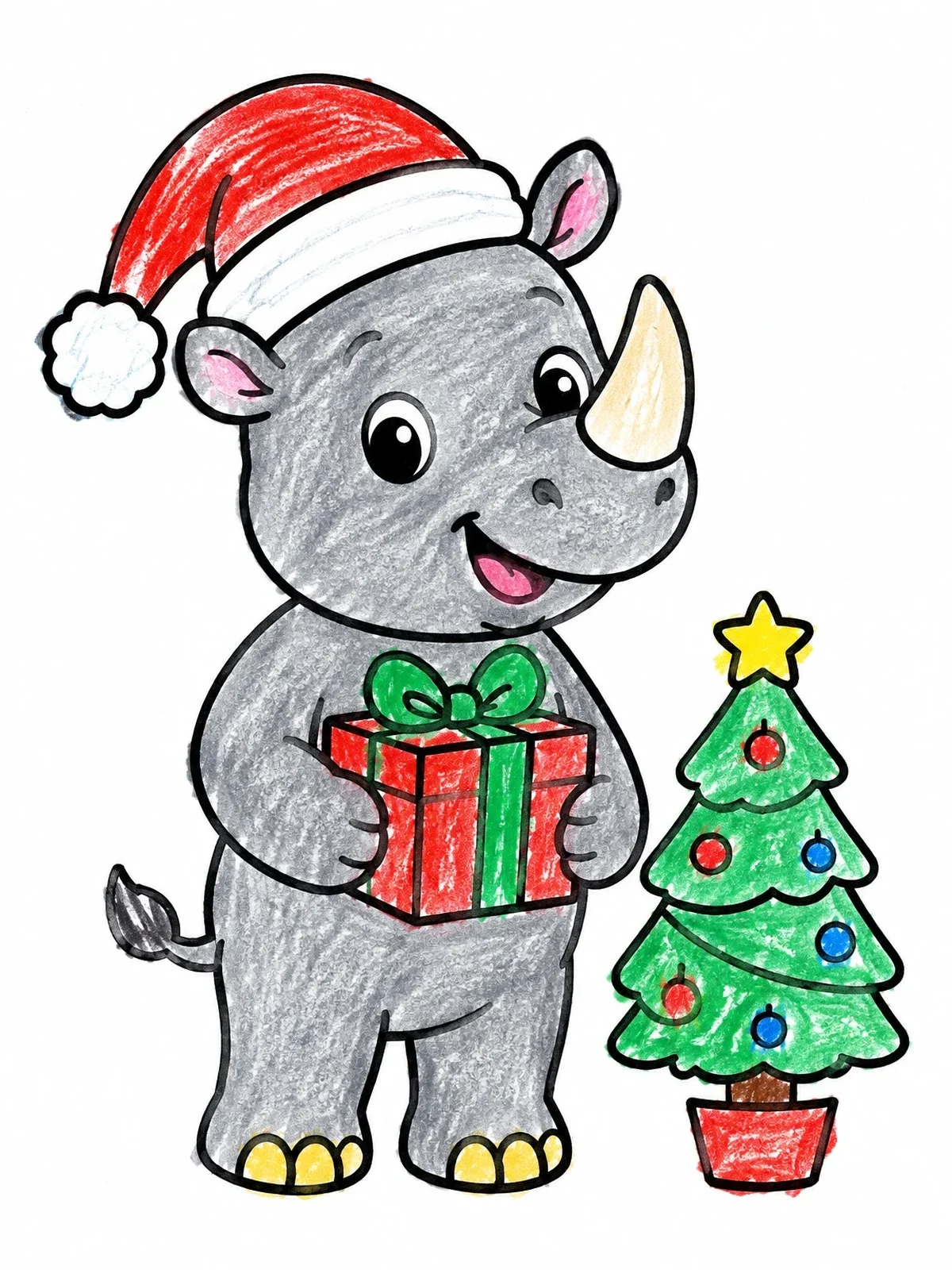Colored example of the Cute Rhinoceros Celebrating Christmas coloring page