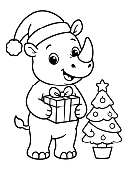 Free printable Cute Rhinoceros Celebrating Christmas coloring page