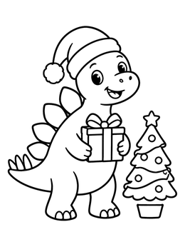 A cheerful baby stegosaurus coloring page with a Santa hat holding a wrapped gift beside a Christmas tree.