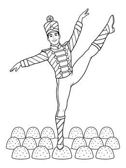 A candy cane dancer performs a high kick in this christmas ballet coloring page.