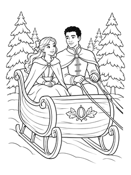 A delightful christmas ballet coloring page showing Clara and the prince riding a wooden sleigh through snowy pine trees.