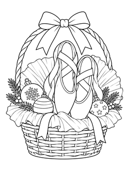 A festive holiday basket with pointe shoes and baubles on this christmas ballet coloring page.