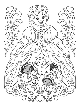 Mother Ginger with little children under her hoop skirt in a christmas ballet coloring page.