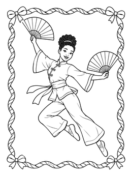 A joyful dancer leaps with fans in this christmas ballet coloring page.