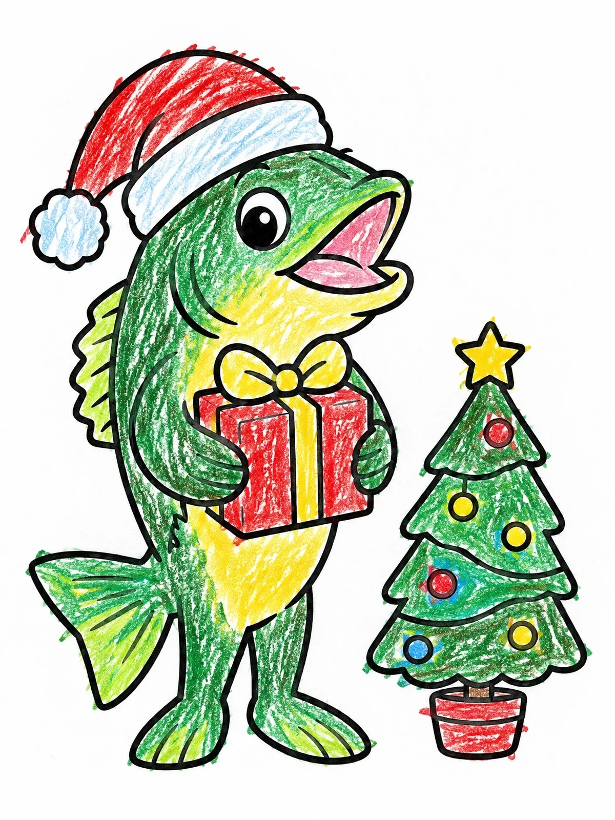 Colored example of the Festive Bass With Christmas Tree And Present coloring page