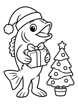Free printable Festive Bass With Christmas Tree And Present coloring page