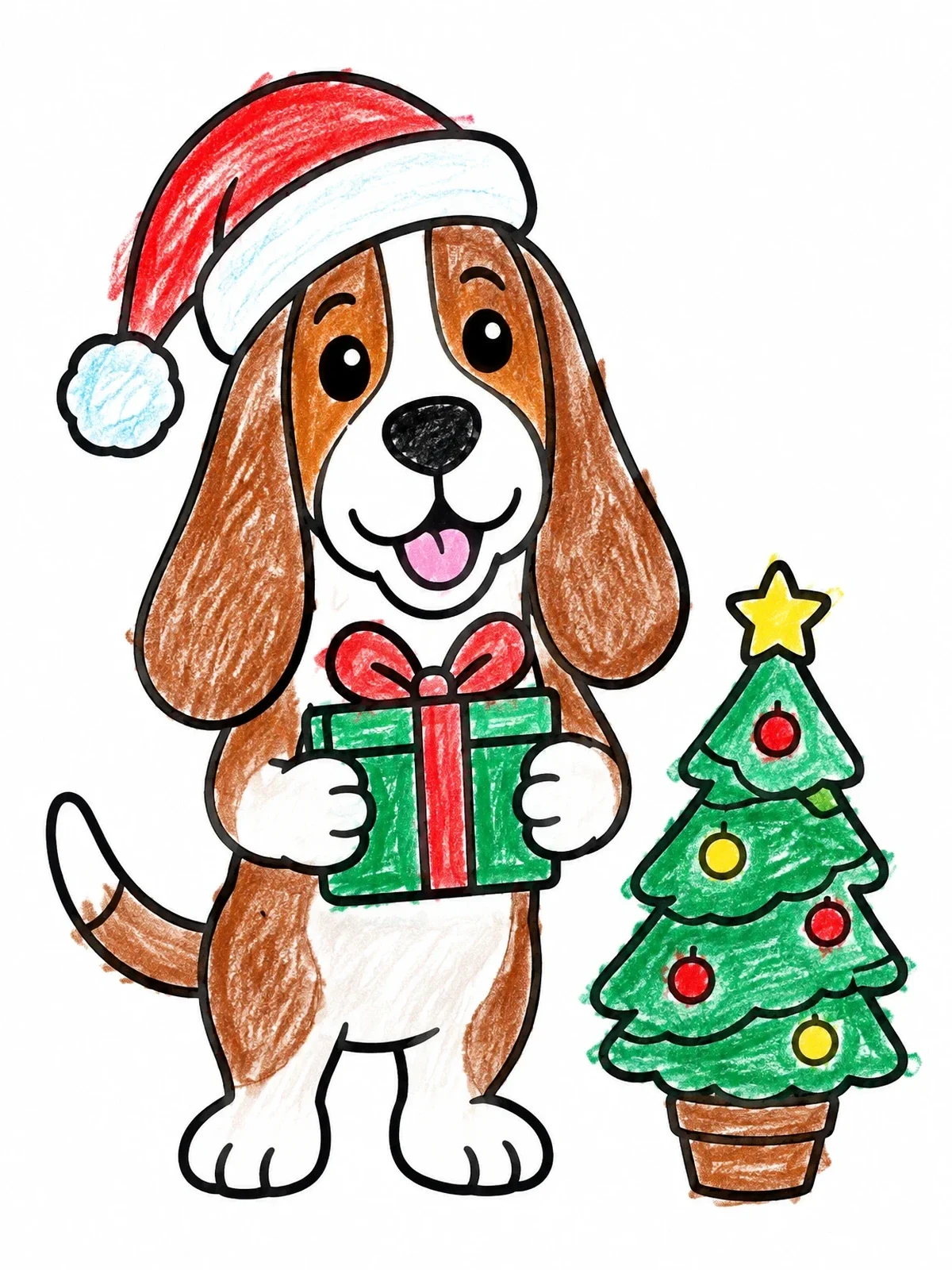 Colored example of the Christmas Basset Hound With Gift coloring page