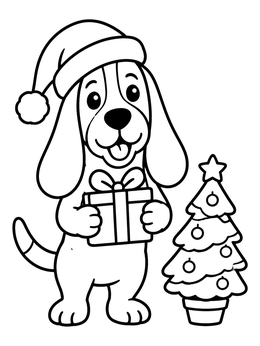 Free printable Christmas Basset Hound With Gift coloring page