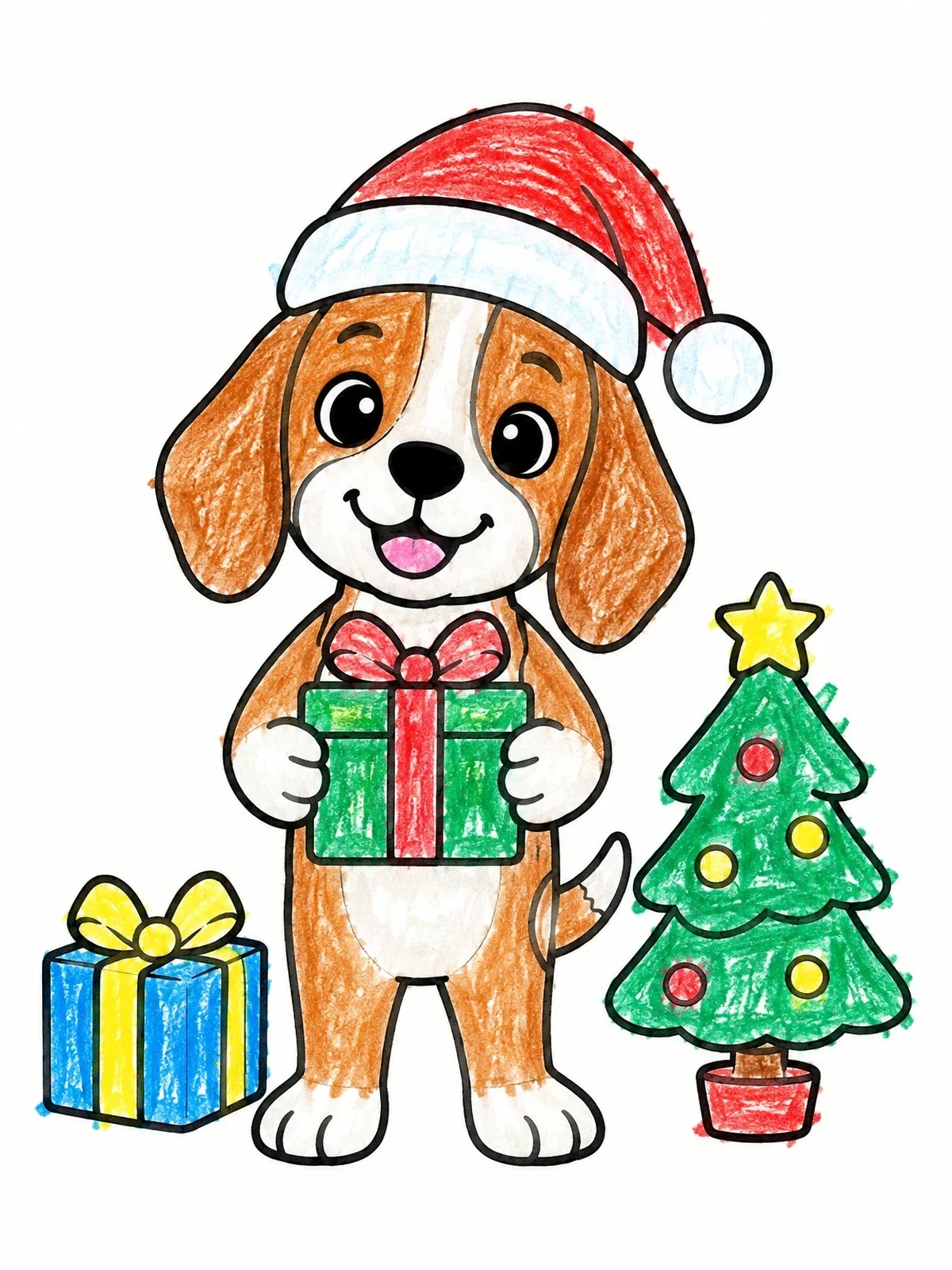 Colored example of the Christmas Beagle With Gifts And Tree coloring page