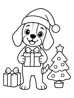 A happy beagle coloring page with a Santa hat holding a Christmas gift.