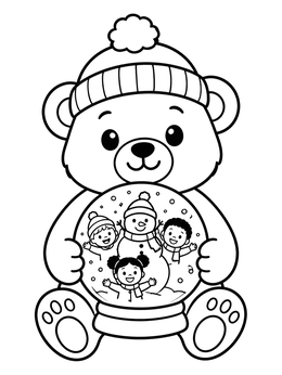 A cute christmas bear coloring page featuring a beanie-wearing bear holding a snow globe.