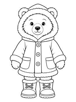 A cute christmas bear coloring page featuring a teddy bear in a warm coat and boots.