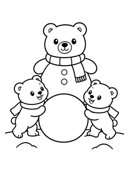 Two cute cubs roll a snowball next to a snow bear in this christmas bear coloring page.