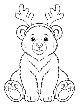 A sitting christmas bear coloring page wearing a cute reindeer antlers headband.