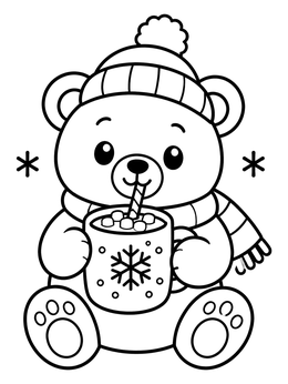 A cute christmas bear coloring page featuring a teddy bear sipping warm cocoa with marshmallows.
